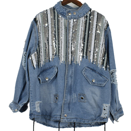 Striped Mid-length Denim Jacket Pi-Mart