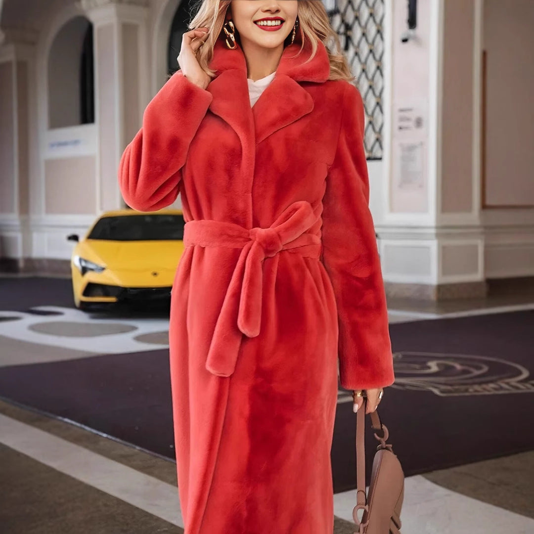 Women's Fashionable Elegant Lace-up Turn-down Collar Plush Long Coat LuxuryLifeWay Online Store