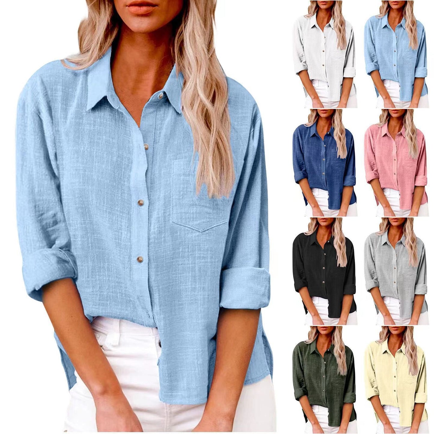 Pocket Split Cotton And Linen Long-sleeved Shirt NorixaFashion.com