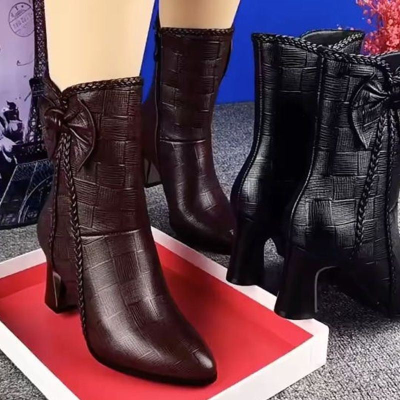 New Fallwinter Velvet Lined Fashion Leather Boots Mid Calf High Heeled Boots LadyShow.Store