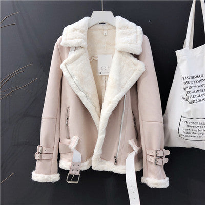 Lamb Wool Jacket, Thick Suede Leather Motorcycle Coat Pi-Mart