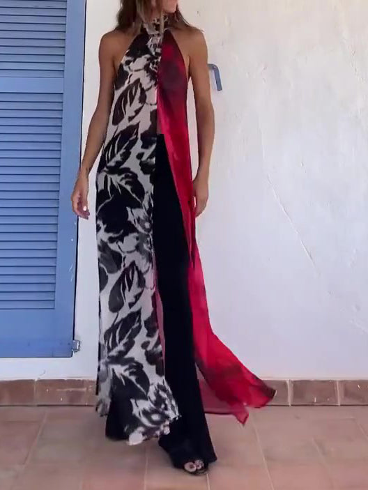 Abstract Print Halter Neck High Slit Tunic Top NorixaFashion.com