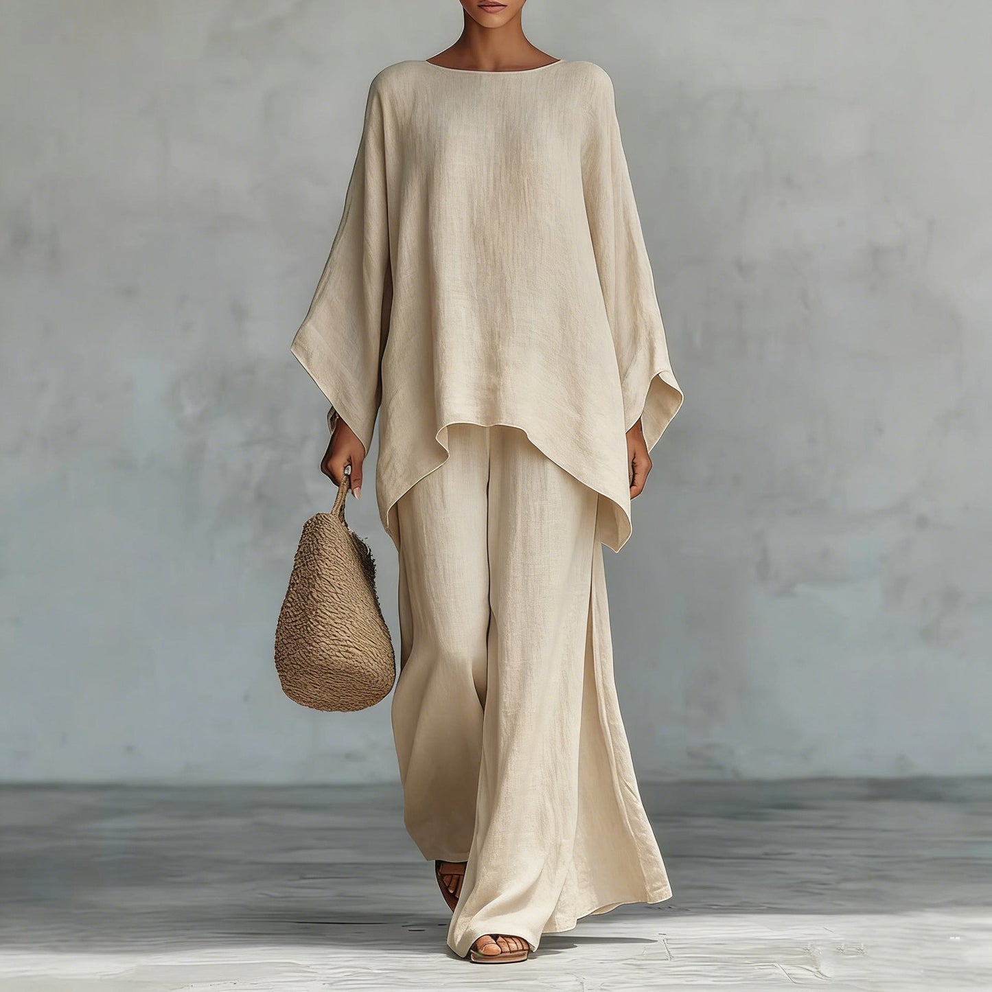 Casual 2-piece Set Loose Long-sleeved Wide-leg Trousers For Womens Minimalist Relaxed-fit Top And Wide-leg Pants Set For Daily Wear Work Vacation Outfits NorixaFashion.com