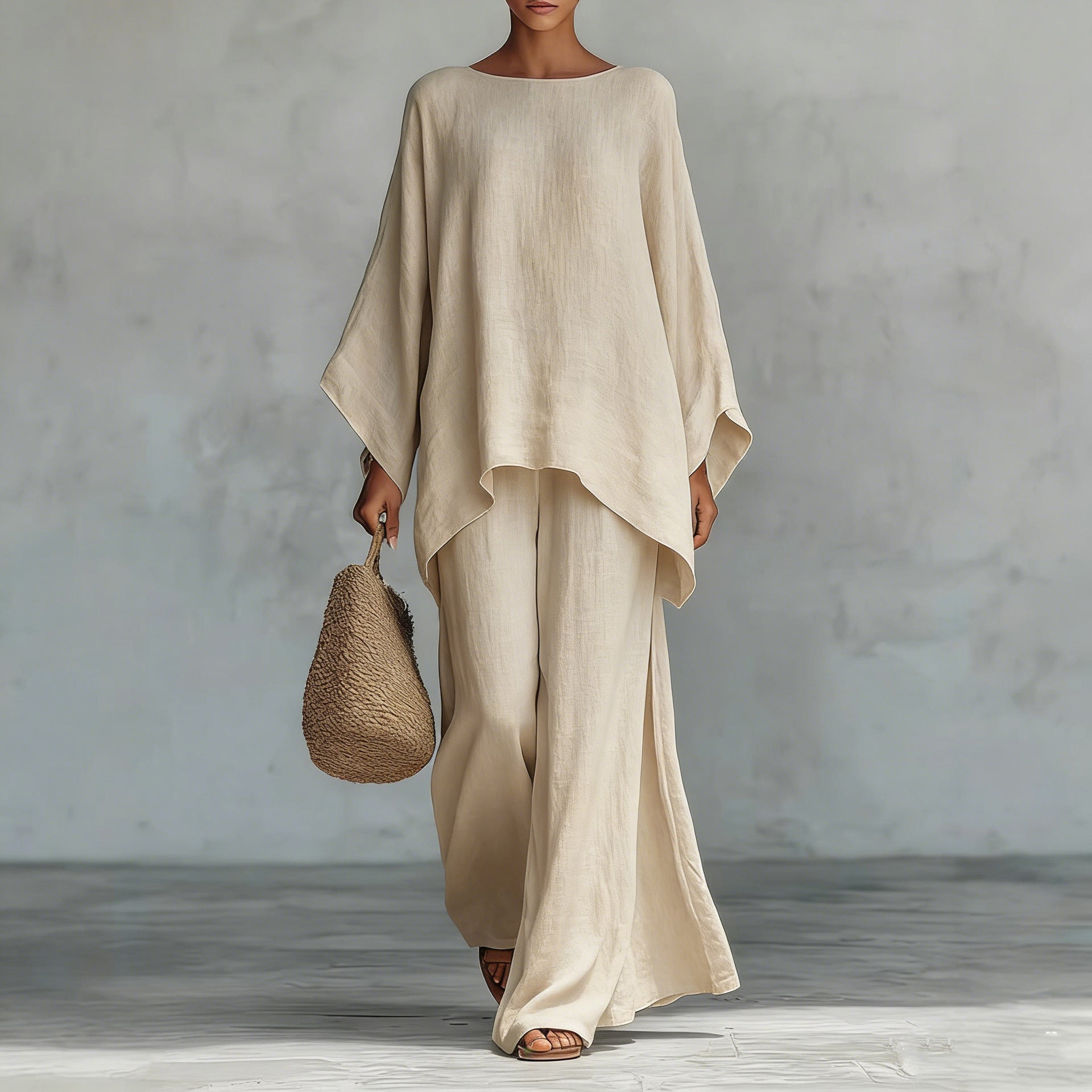 Casual 2-piece Set Loose Long-sleeved Wide-leg Trousers For Womens Minimalist Relaxed-fit Top And Wide-leg Pants Set For Daily Wear Work Vacation Outfits NorixaFashion.com