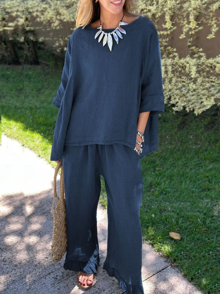 Cotton And Linen Women's Fashion Loose Trousers Two-piece Suit NorixaFashion.com