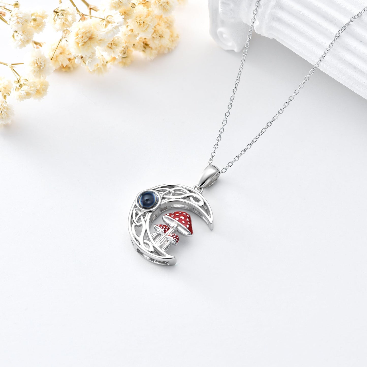 100 languages I Love You Projection Stone Mushroom Moon Necklace Sterling Silver LadyShow.Store