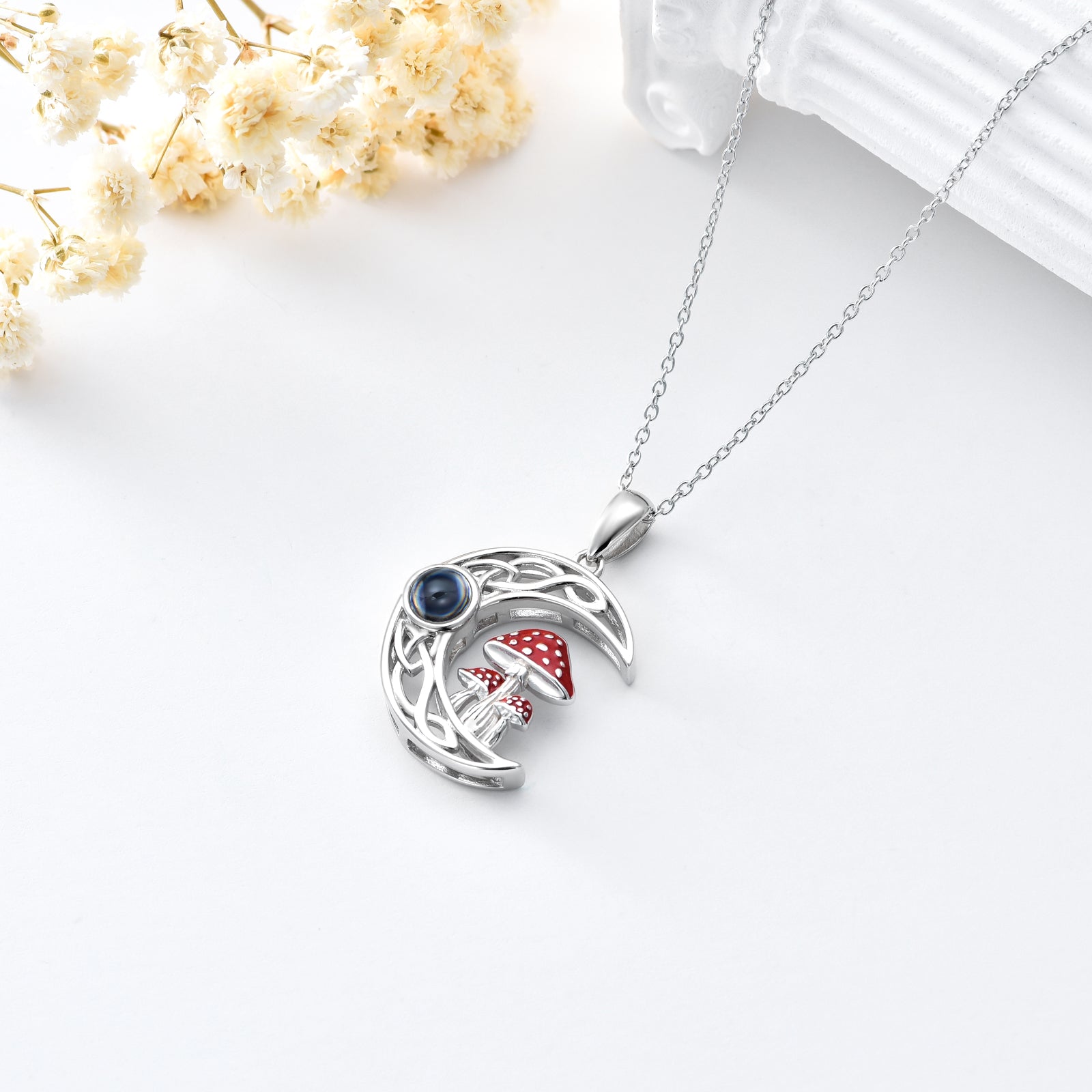 100 languages I Love You Projection Stone Mushroom Moon Necklace Sterling Silver LadyShow.Store