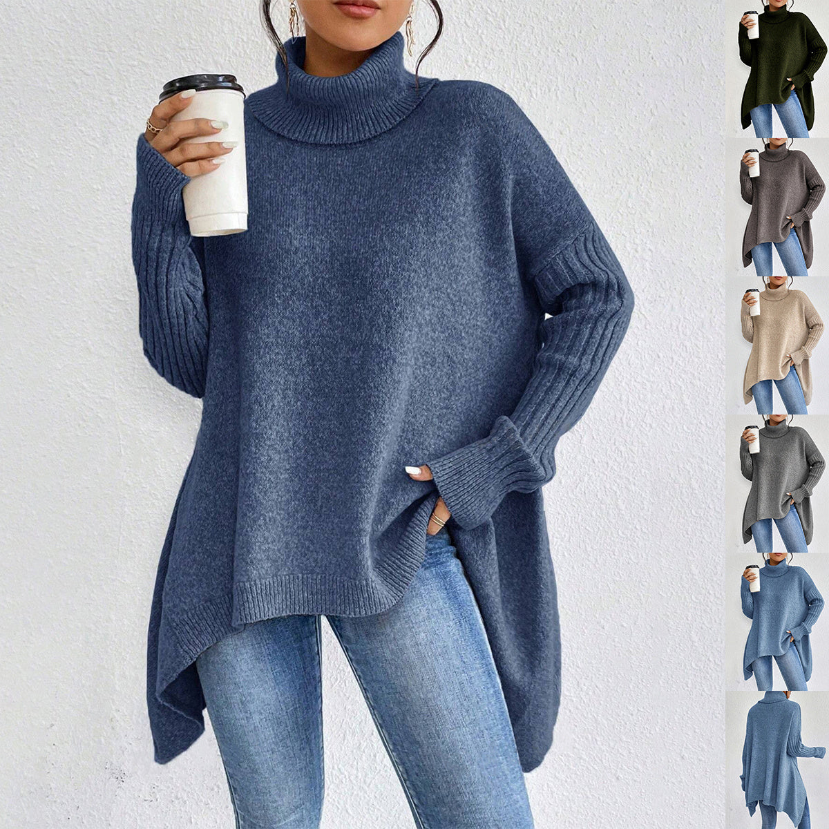 Irregular Turtleneck Sweater Winter Loose Long Sleeve Knitted Tops Leisure Warm Pullover Sweater Women's Clothing LadyShow.Store