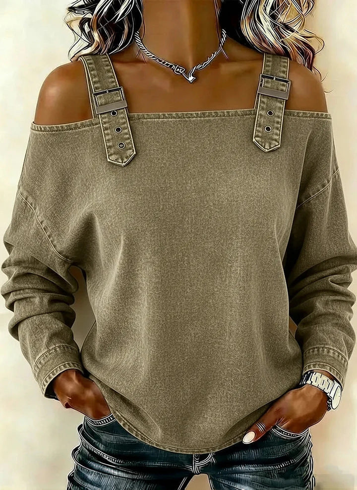 Halter-neck Off-shoulder Long-sleeve Top NorixaFashion.com