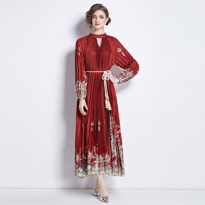 Pleated Tassel Belt Dress Women NorixaFashion.com