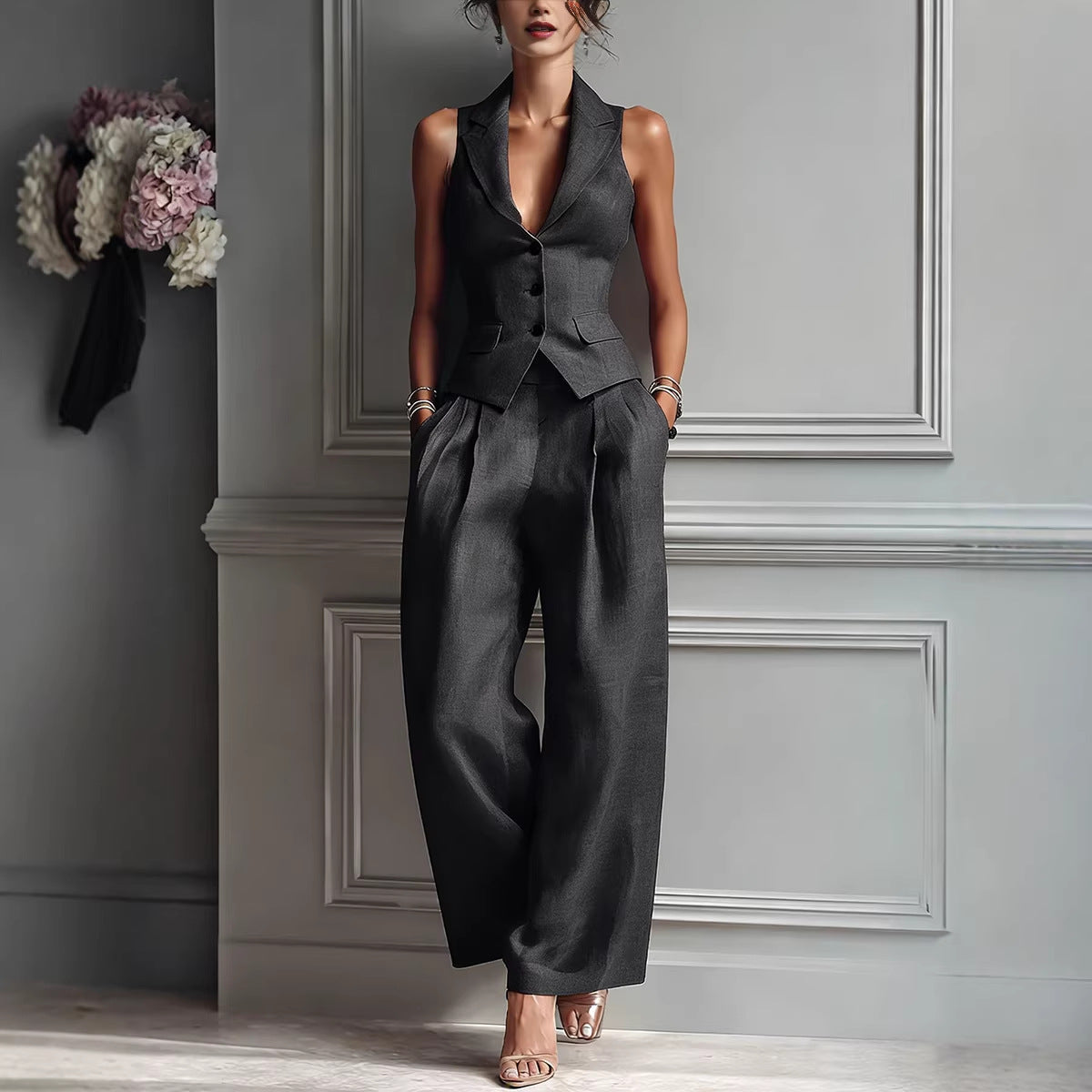 Summer Sleeveless Suit Casual Single-breasted Vest And Casual Pants Set NorixaFashion.com