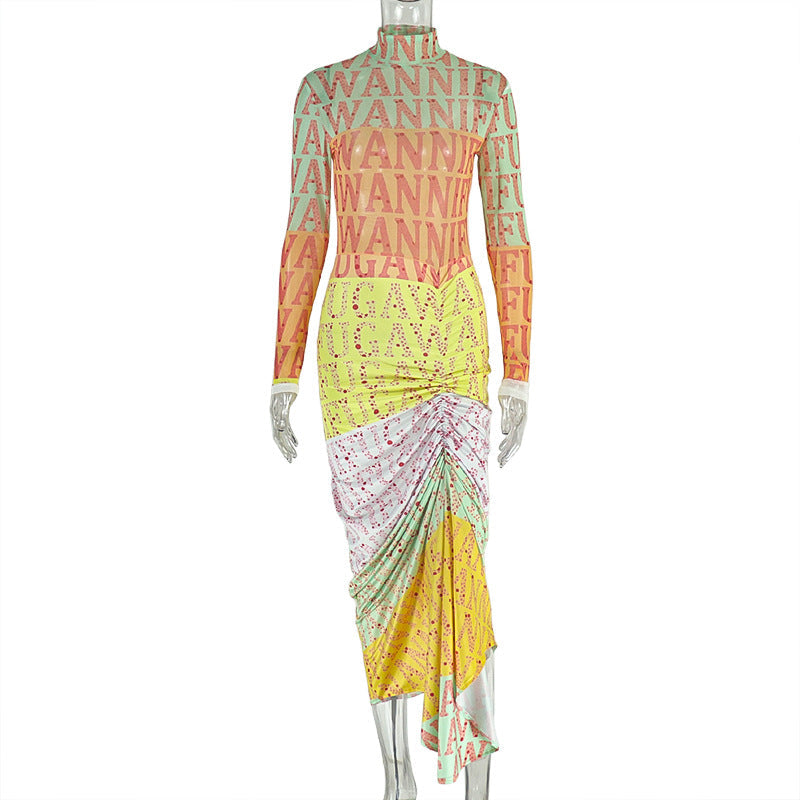 Waist-cinching High-neck Long-sleeve Spliced Slightly Sheer Dress LadyShow.Store