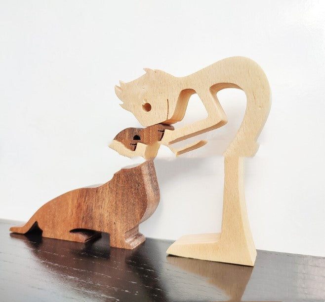 DIY Figurine Wood Dog Ornament Sculpture Home Decoration A Man A Dog Wood Sculpture Christmas Gifts Model Decor PearlNestDecor.com