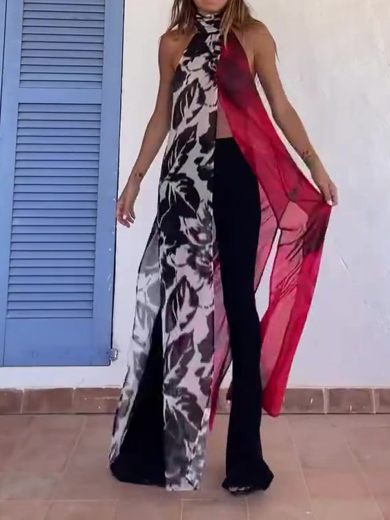 Abstract Print Halter Neck High Slit Tunic Top NorixaFashion.com