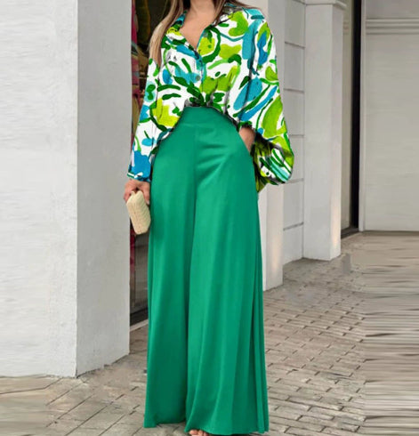 Loose And Elegant Casual Printed Shirt Top Wide Leg Pants Fashion Suit NorixaFashion.com