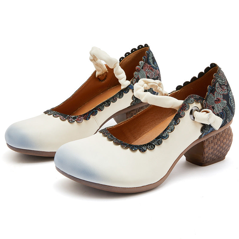 Vintage Chinese Element Violet Butterfly Thick Heel Soft Leather Round Toe Versatile Single Shoe LadyShow.Store
