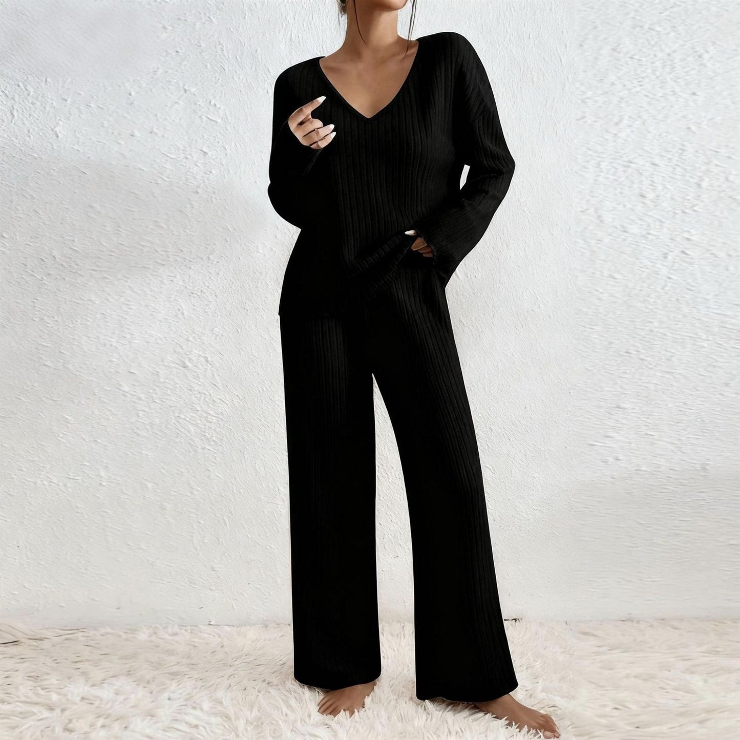 Long Sleeve V-neck Knitted Sunken Stripe Brushed Loose Leisure Suit LadyShow.Store
