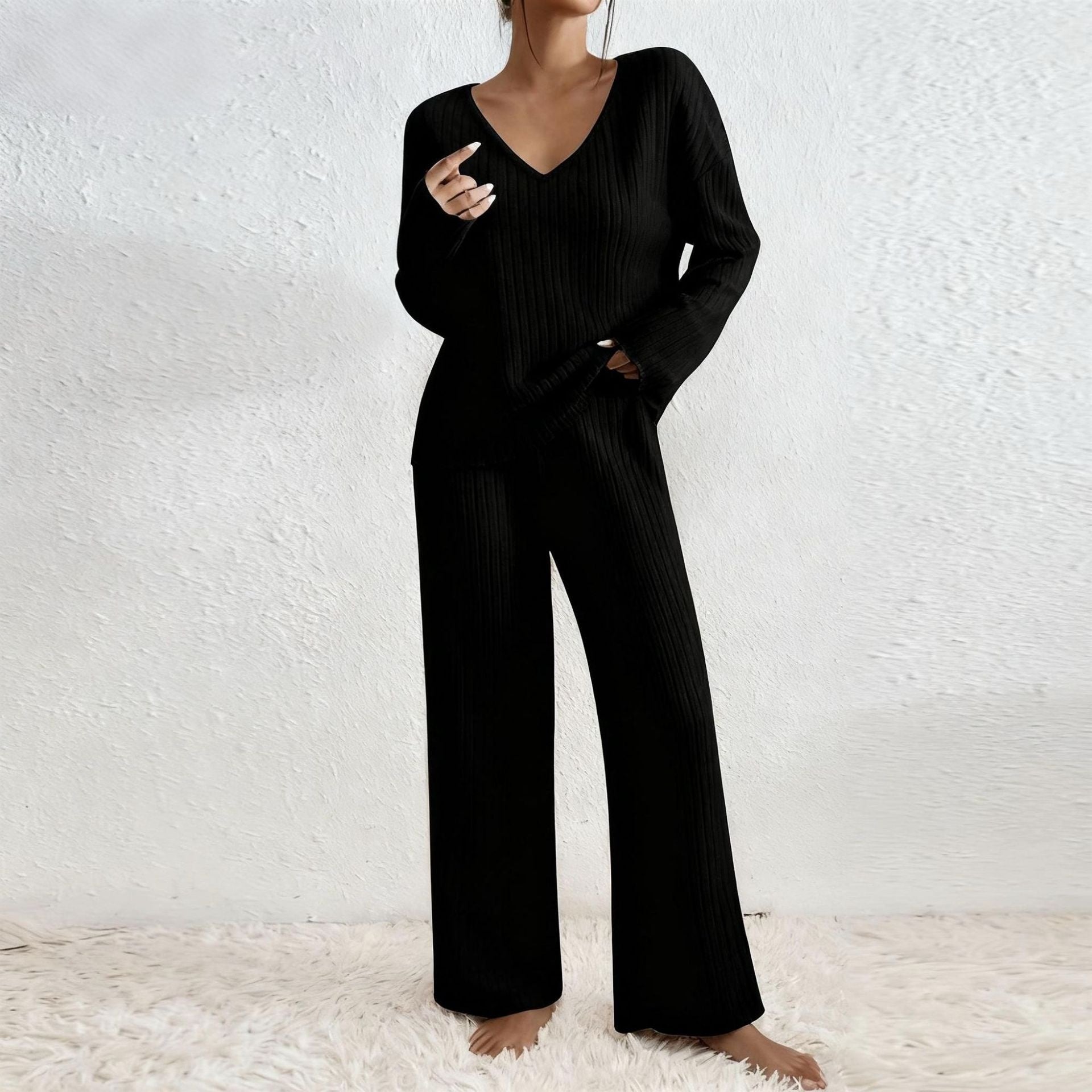 Long Sleeve V-neck Knitted Sunken Stripe Brushed Loose Leisure Suit LadyShow.Store