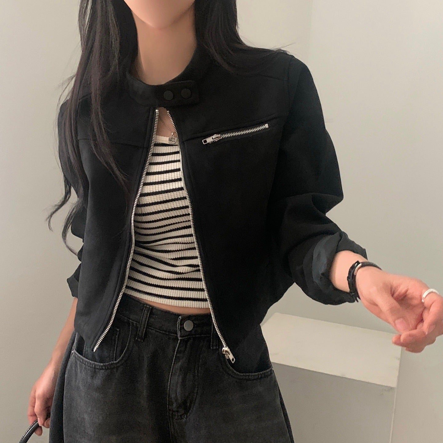 High Waist Short Jacket Suede Motorcycle Top LadyShow.Store