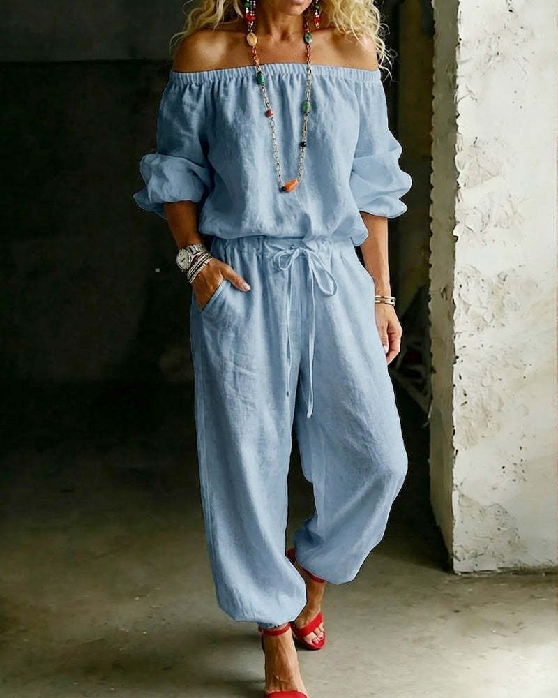 One-shoulder Top And Casual Drawstring Jogger Pants Jumpsuit Set NorixaFashion.com
