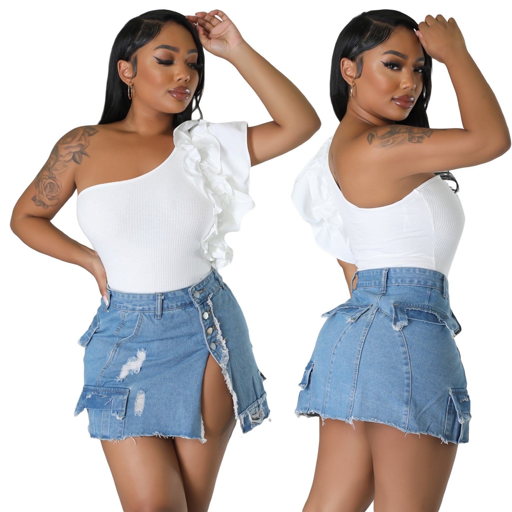 Ripped Pocket Denim Hip Skirt Pi-Mart