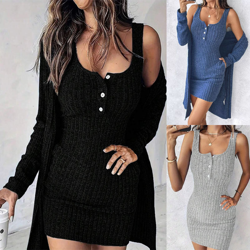 2026 Autumn And Winter Dress And Jacket Two-Piece Set, Sexy Slim-Fit Solid Color Ribbed Tank Dress For Women NorixaFashion.com