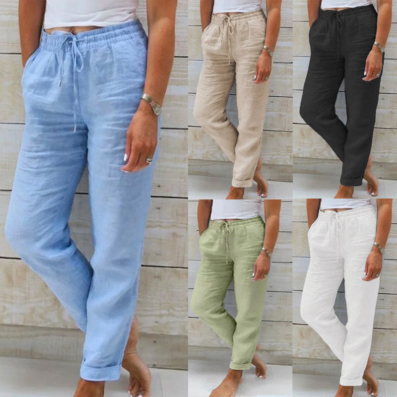 Cotton And Linen Women's High Waist Elastic Waist Solid Color Cotton And Linen Casual Pants NorixaFashion.com