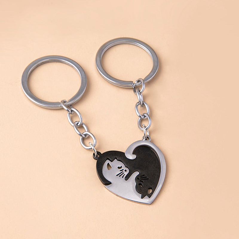 Love Heart Black White Cats Stainless Steel Couple Keychains LadyShow.Store