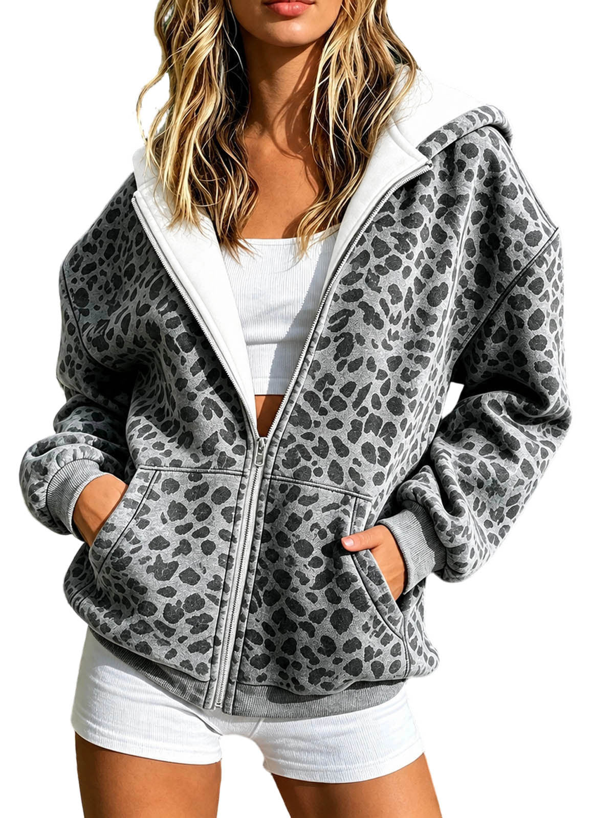 2026 Cross Border European And American Women's Fashion Leopard Print Hooded Zipper Sweatshirt Jacket Loose Casual Long Sleeve Cardigan Top NorixaFashion.com
