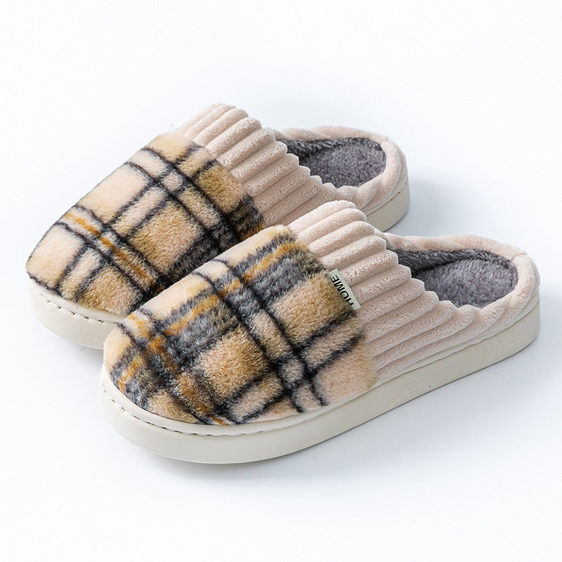 Plaid Plush Slippers Warm Soft Non-slip Bedroom Home Slipper For Couples Women Men House Shoes CJD