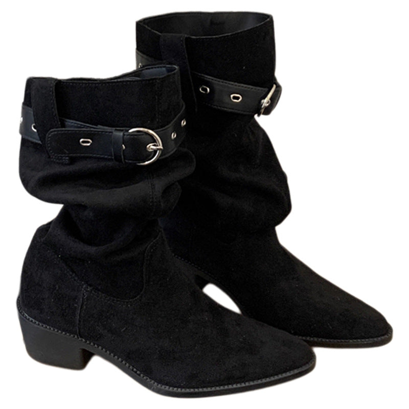 Western Cowboy Mid-calf Thick Heel Pointed Toe High Fold Stack Boots LadyShow.Store