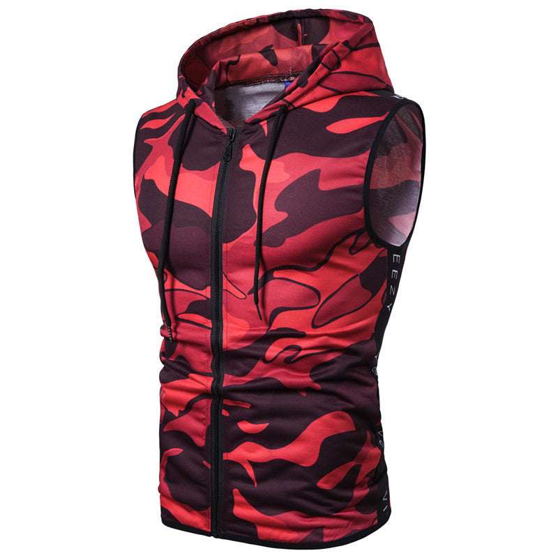 Zipper Hooded Sleeveless Camouflage Printed Fitness Sports Vest