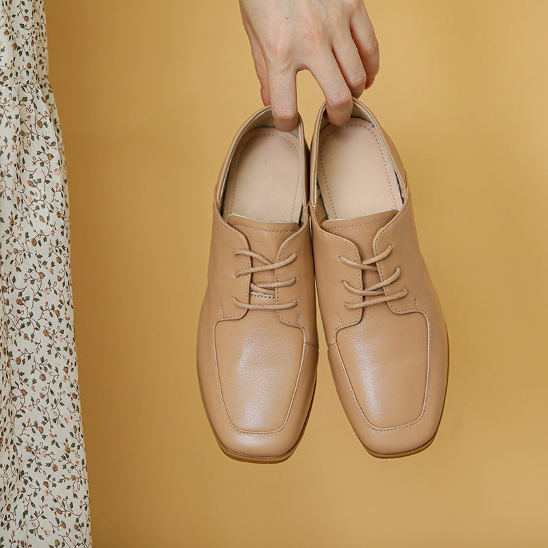 New Deep Mouth Women''s Shoes Lace Up Leather Single Shoes LadyShow.Store