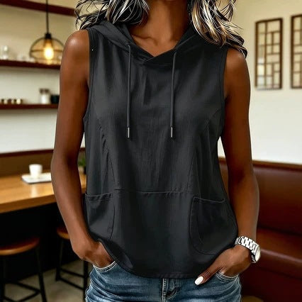 Fashionable Casual Solid-color Hooded Sleeveless Top T-shirt Vest NorixaFashion.com
