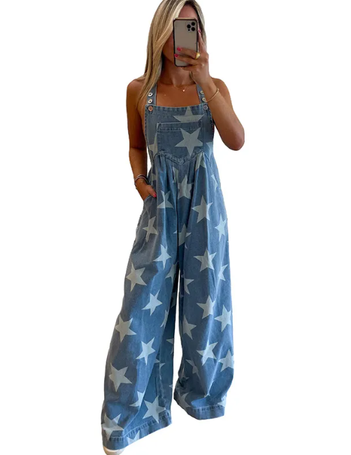 Star Print Denim Romper Pi-Mart