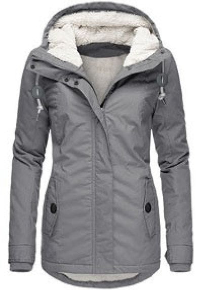 Winter Hooded Jacket Solid Color Warm Buckle Zip-up Fleece Jacket With Pockets Women's Casual Jacket LadyShow.Store