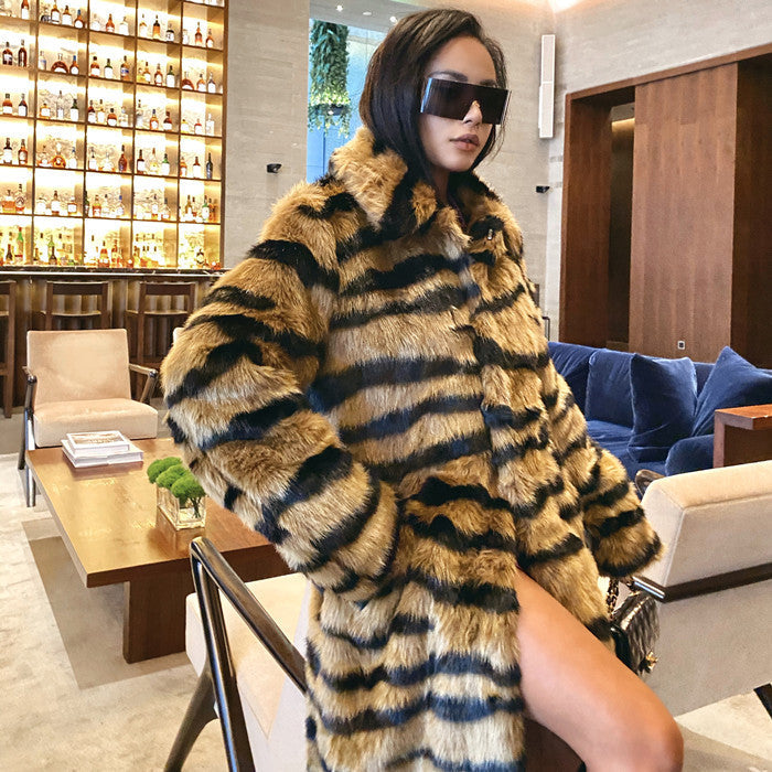 Faux Fur Coat With Tiger Pattern Fur And Long Artificial Hair LadyShow.Store