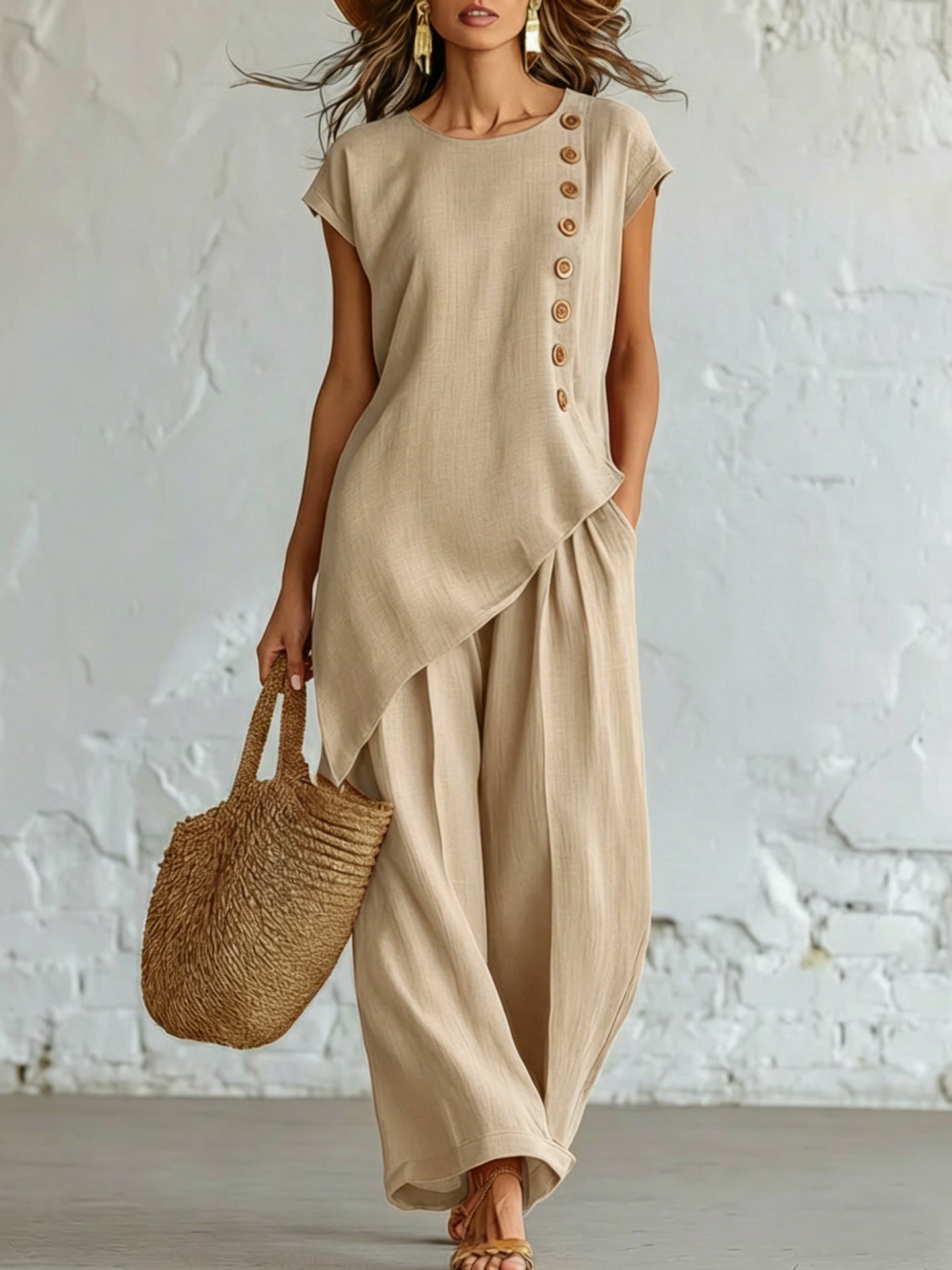 Womens Solid-Color Crew-Neck Buttoned Short-Sleeve Wide-Leg Pants Set NorixaFashion.com