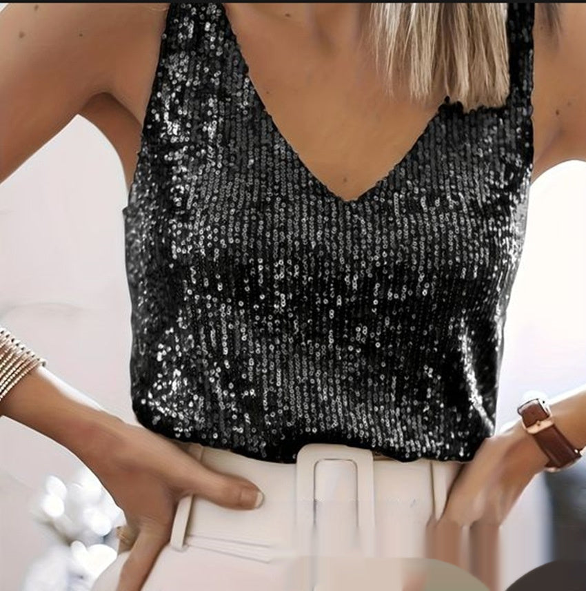 Sequin Summer Light Mature Sexy V Neck Womens Tank Top NorixaFashion.com