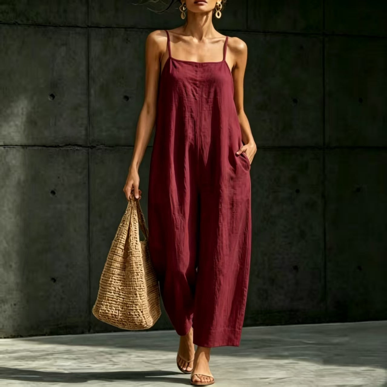 Springsummer Strap Jumpsuit Loose-fit Simple And Elegant Sleeveless NorixaFashion.com