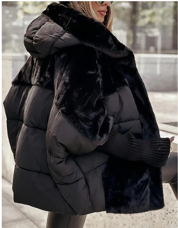 Women's Loose Cotton Coat Faux Fur Patchwork Winter Coat Comfort Chic Long Sleeve Hooded Jacket LadyShow.Store