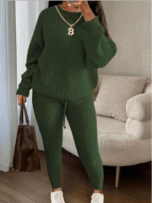 Winter Ribbed Knit Suits Fashion Loose Pullover Sweater Top And Drawstring Pants For Women Trouser Set Clothing LadyShow.Store