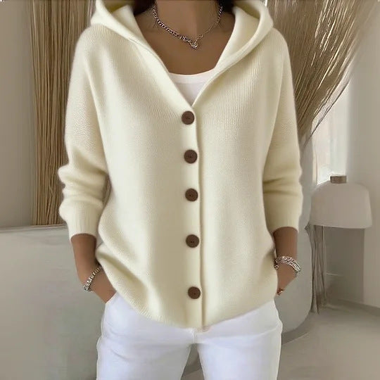 Ins Button Hooded Sweater Fashion Autumn And Winter Knitted Cardigan Casual Commuter Long Sleeve Top Women's Clothing NorixaFashion.com