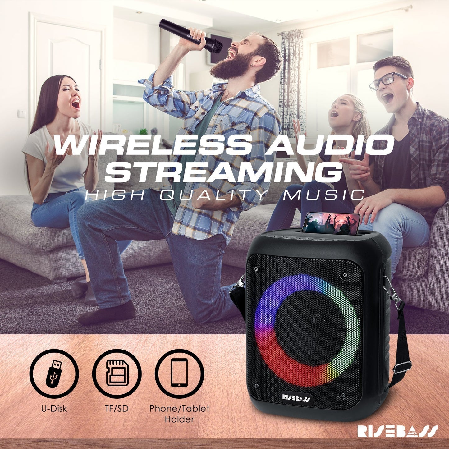 Risebass Portable Karaoke Machine with 2 Wireless Microphones - Bluetooth Rechargeable Speaker with USB/SD/TF Card Support, AUX-in, Tripod Screw Mount and Phone Slot. LuxuryLifeWay Online Store