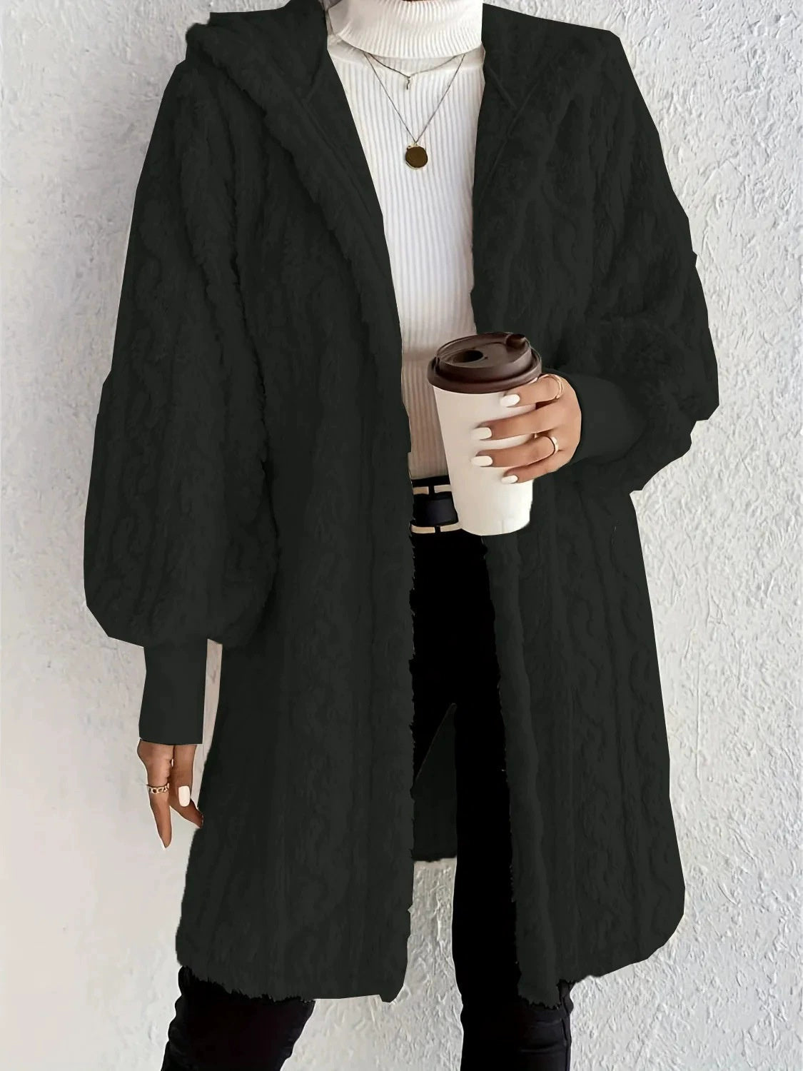 Hooded Double-sided Plush Cuff Thread Long Coat NorixaFashion.com