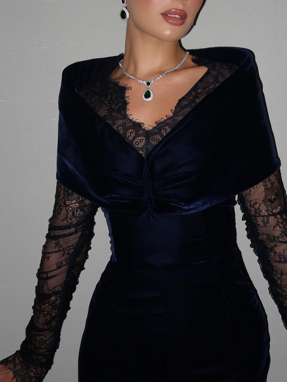 Navy Blue Velvet Lace Long-Sleeve Gown NorixaFashion.com