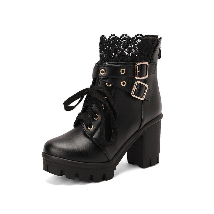 Lace Ankle Boots Lace-up Square Heeled Shoes Women White Black Boots LadyShow.Store