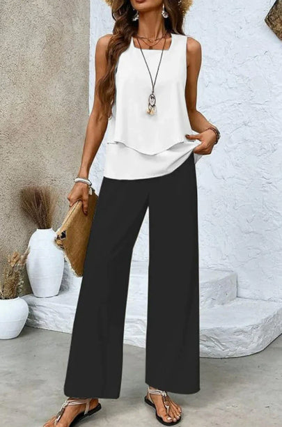 Print Suits Sleeveless Double-layer Vest And Loose Straight Pants Womens Clothing NorixaFashion.com