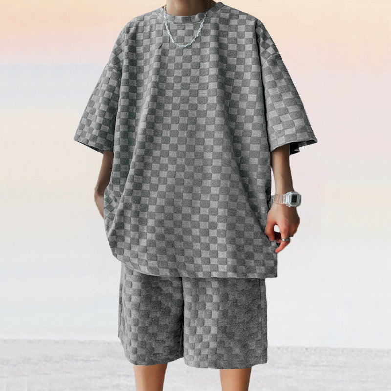 Jacquard Plaid Loose Straight Casual Shorts Suit NorixaFashion.com