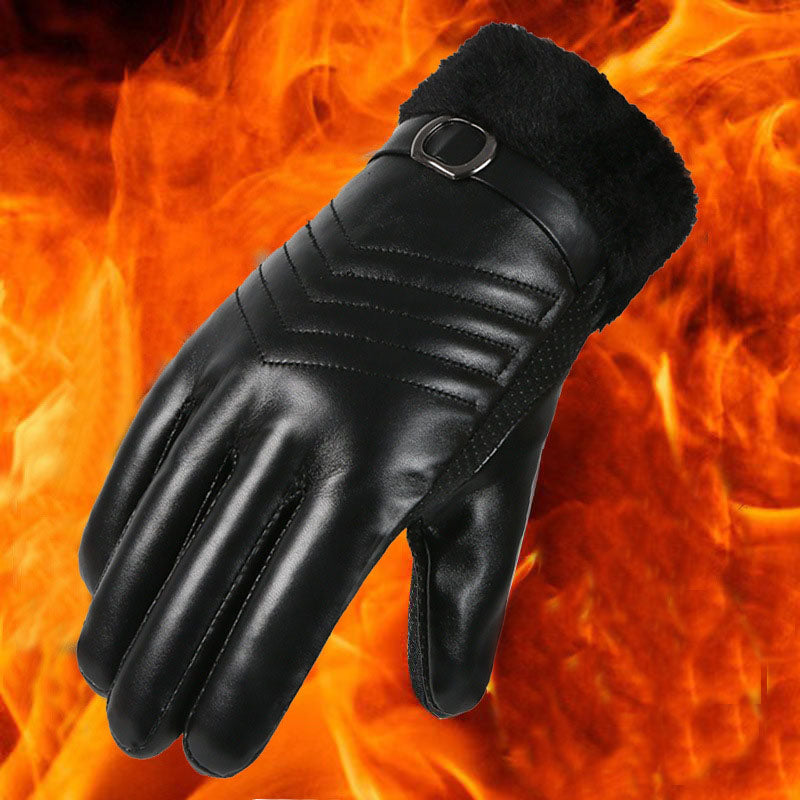 Winter Leather Gloves For Men And Women Velvet Thickened Cold-proof Warm Cycling Anti-slip Touch-screen Large Fleece Gloves